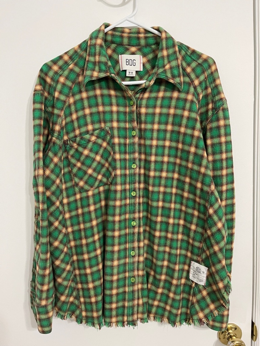BDG Green Plaid Flannel Shirt with Tan Accents